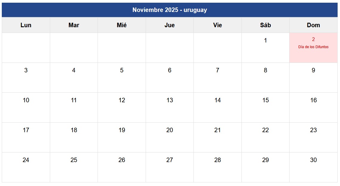 Calendario Noviembre 2025 Uruguay