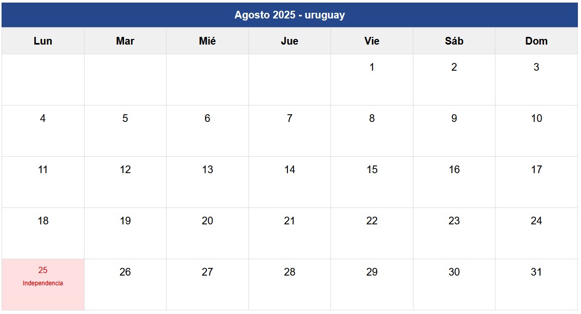 Calendario Agosto 2025 Uruguay