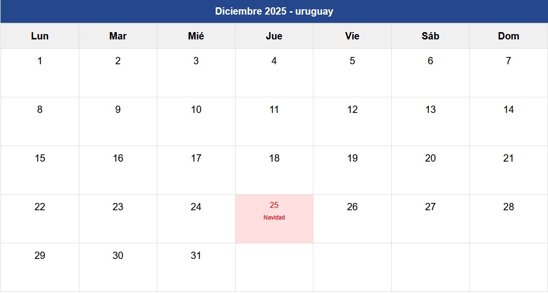 Calendario Diciembre 2025 Uruguay
