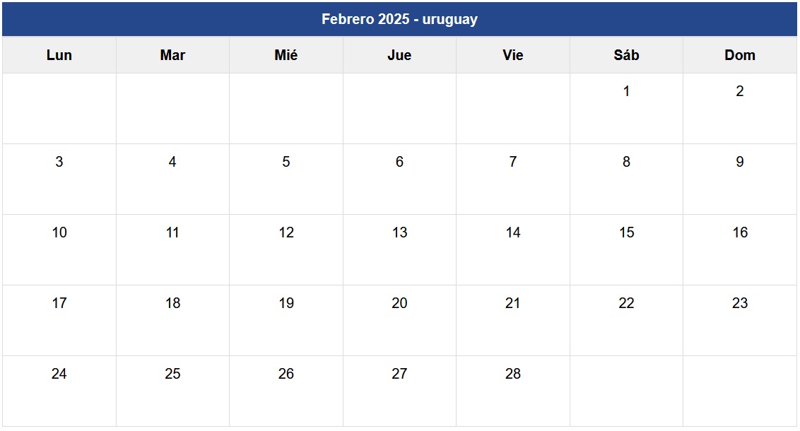 Calendario Febrero 2025 Uruguay