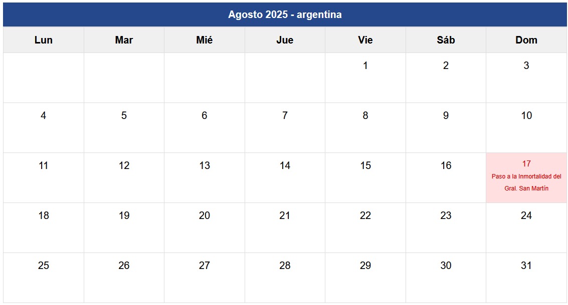 Calendario Agosto 2025 Argentina Calendario Agosto 2025 Argentina