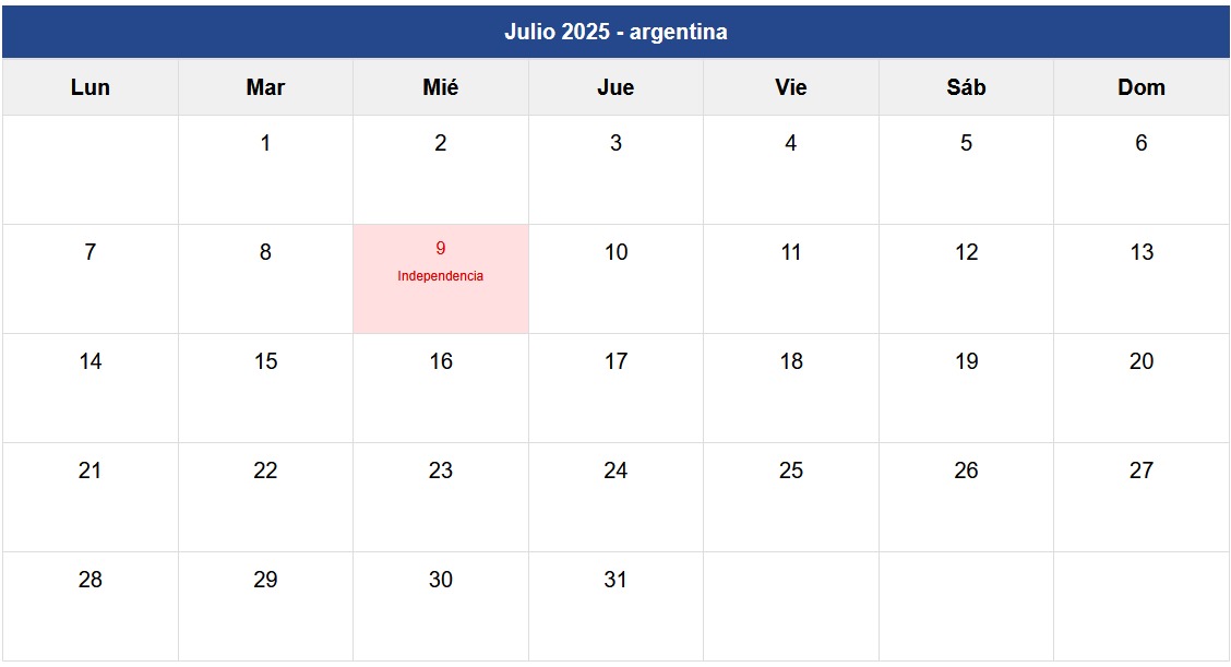 Calendario Julio 2025 Argentina Calendario Julio 2025 Argentina