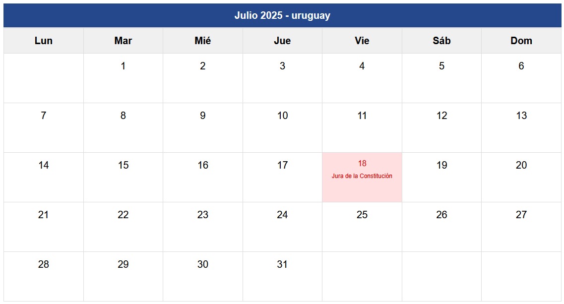 Calendario Julio 2025 Uruguay