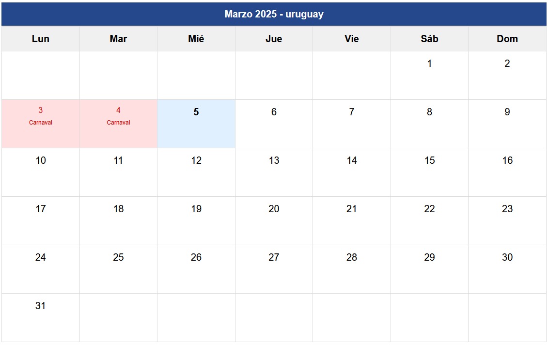 Calendario Marzo 2025 Uruguay