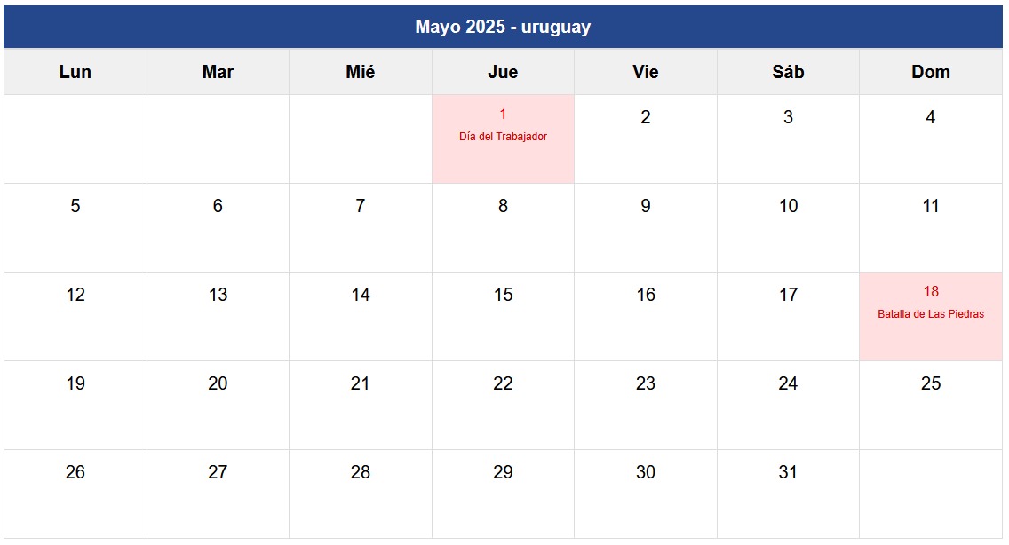 Calendario Mayo 2025 Uruguay
