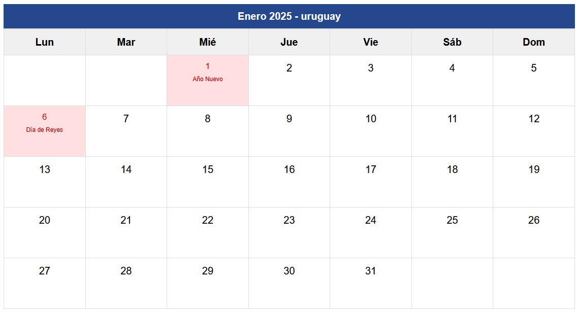 Calendario Enero 2025 Uruguay