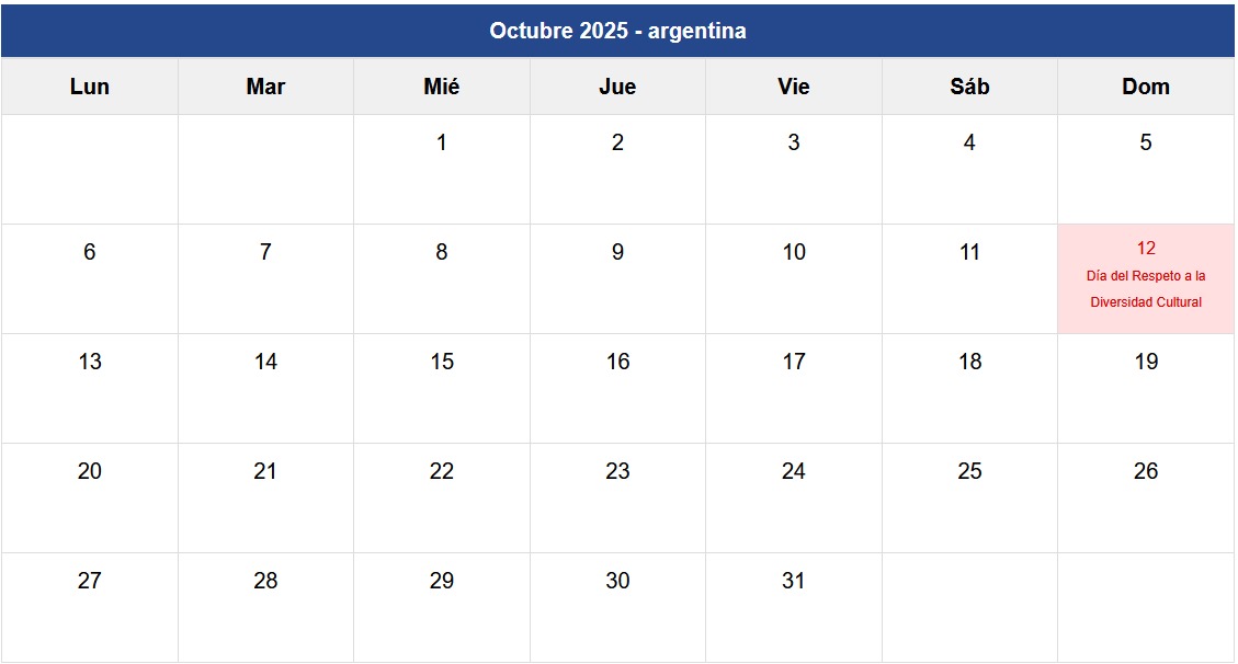 Calendario Octubre 2025 Argentina Calendario Octubre 2025 Argentina