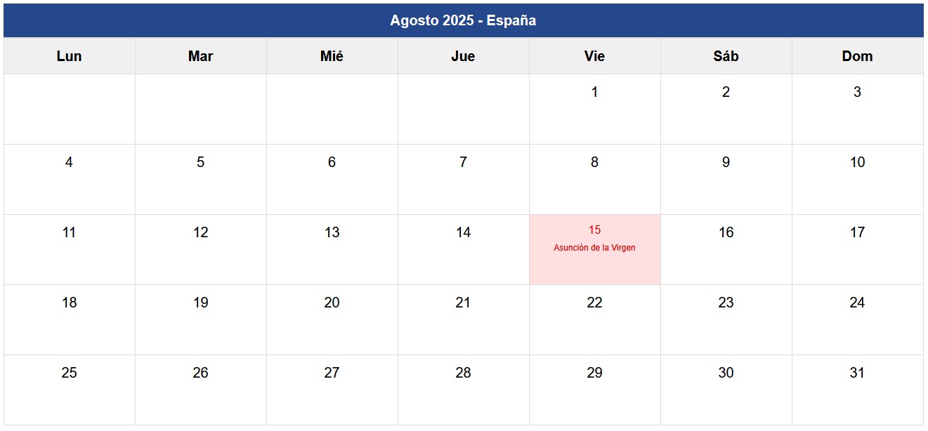 Calendario Agosto 2025 España Calendario Agosto 2025 España