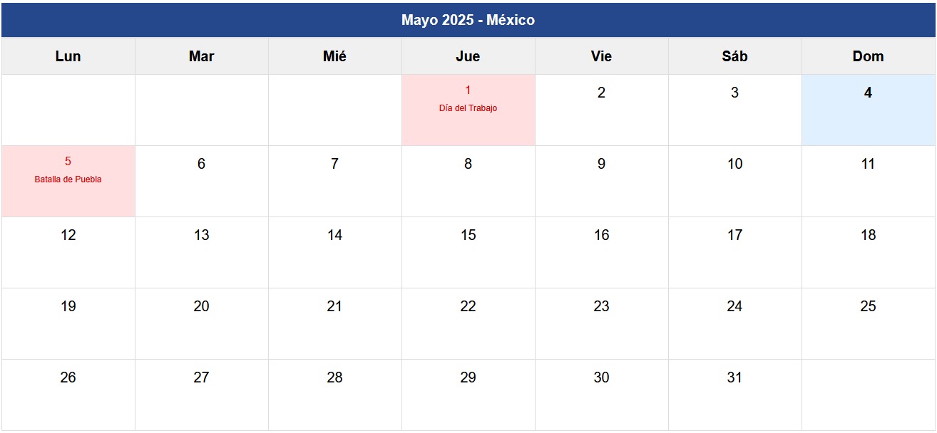 Calendario Mayo 2025 México