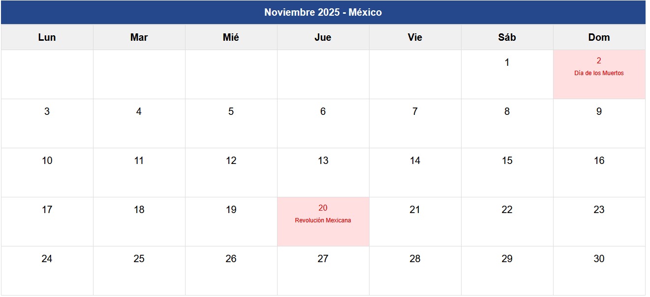 Calendario Noviembre 2025 México
