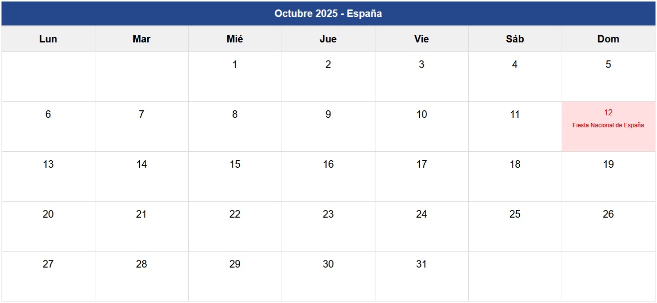 Calendario Octubre 2025 España Calendario Octubre 2025 España