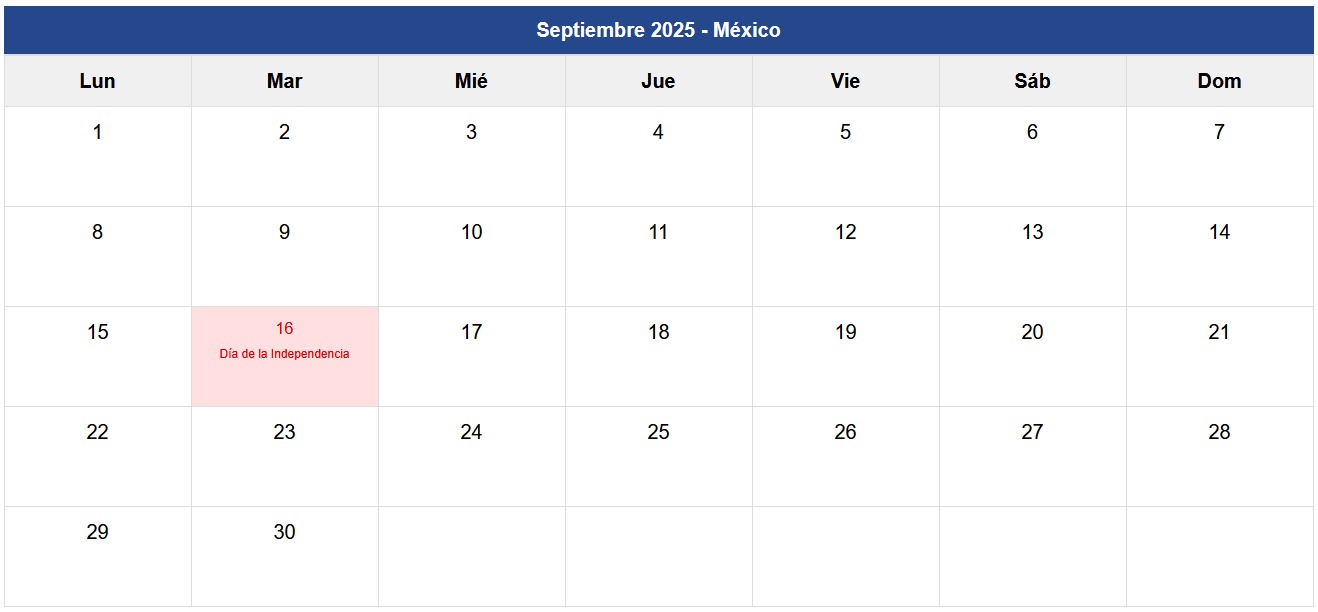 Calendario Septiembre 2025 México