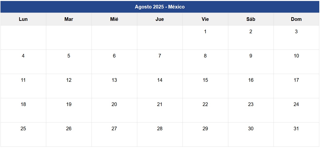 Calendario Agosto 2025 México