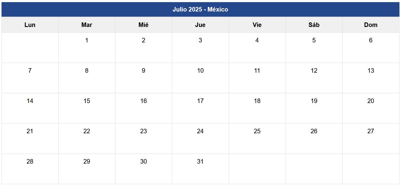 Calendario Julio 2025 México