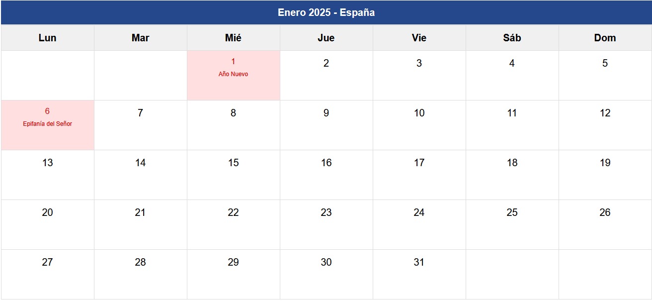 Calendario Enero 2025 España