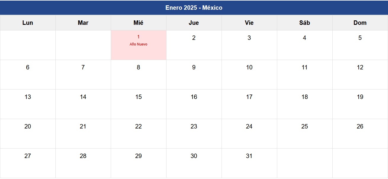 Calendario Enero 2025 México