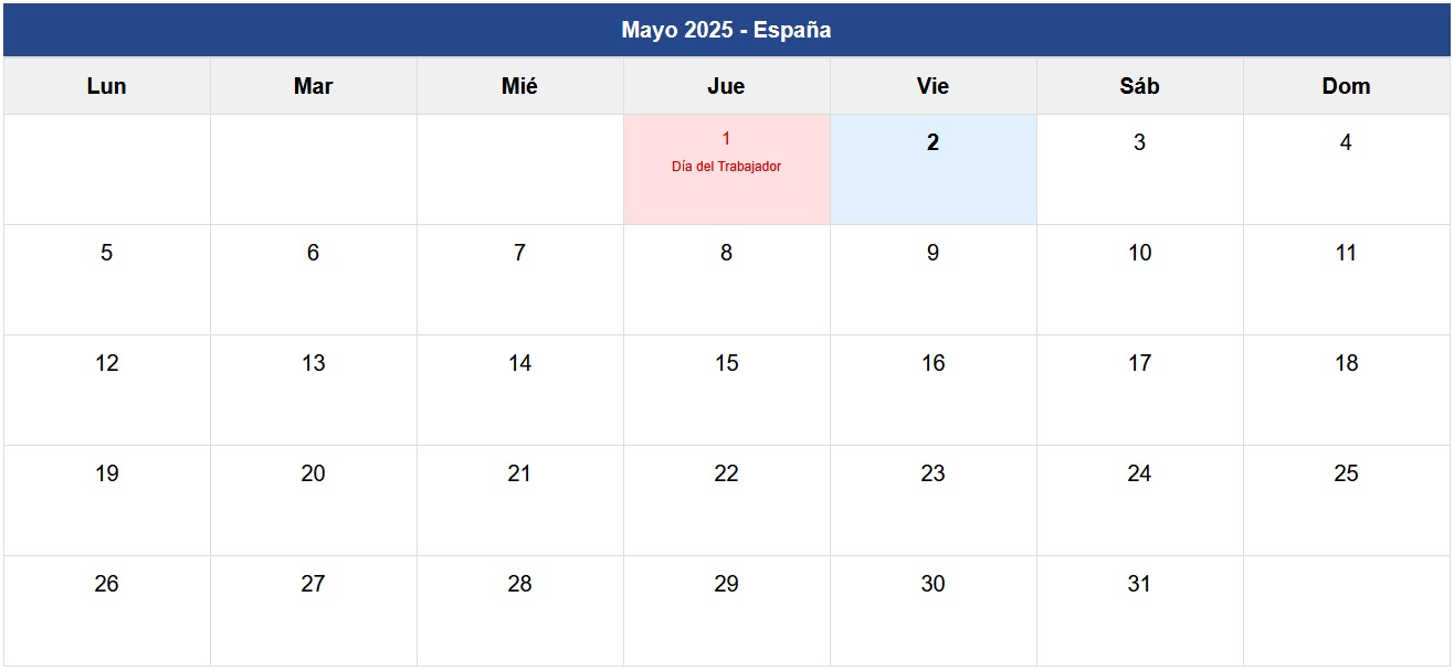 Calendario Mayo 2025 España Calendario Mayo 2025 España