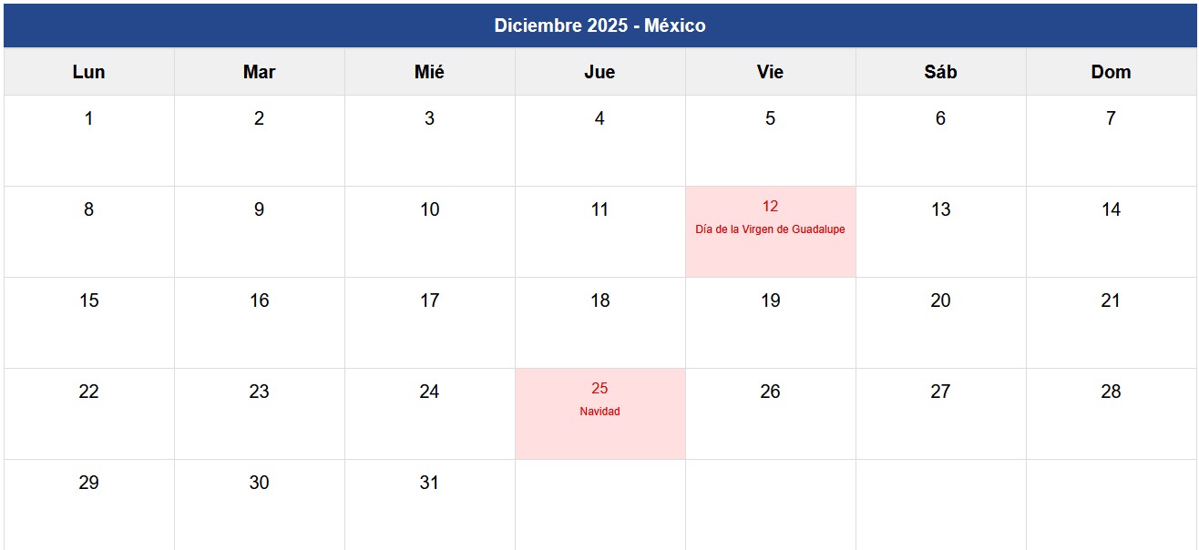 Calendario Diciembre 2025 México