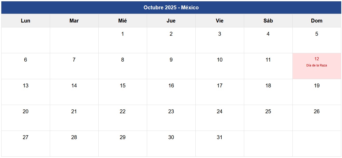 Calendario Octubre 2025 México