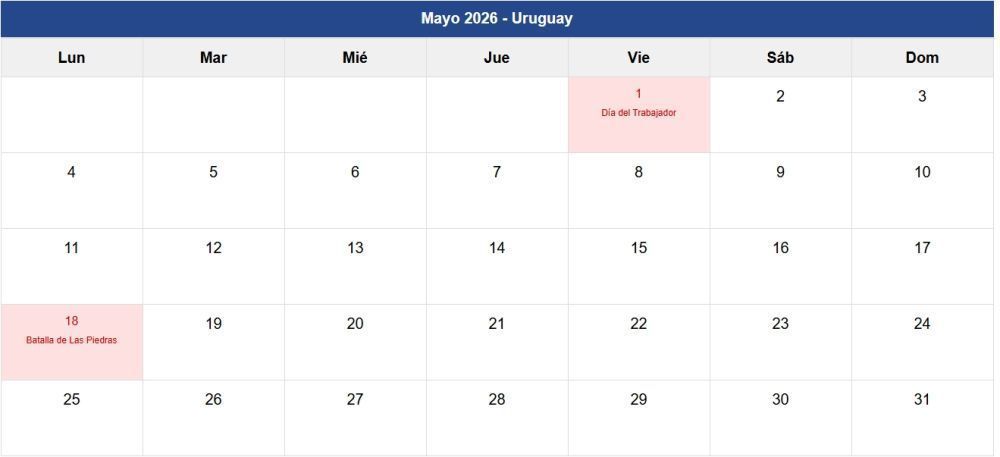 Calendario Mayo 2026 Uruguay Calendario Mayo 2026 Uruguay
