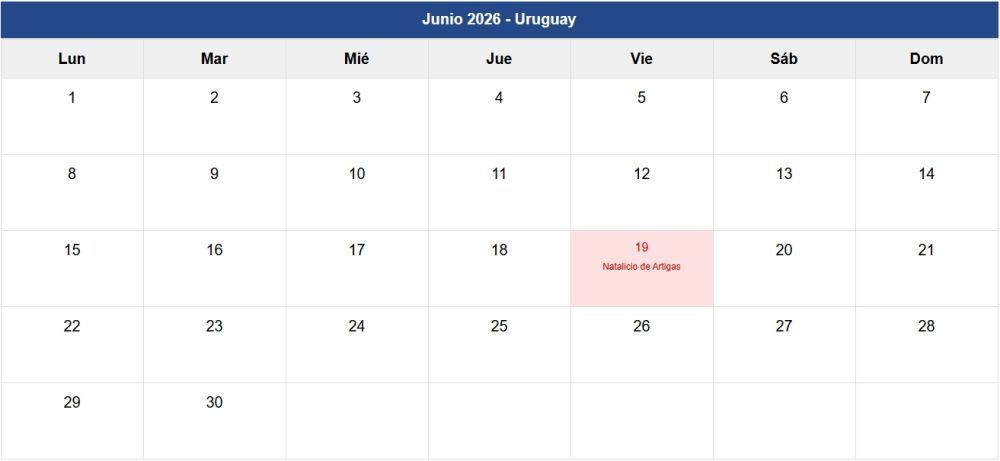 Calendario junio 2026 Uruguay Calendario junio 2026 Uruguay