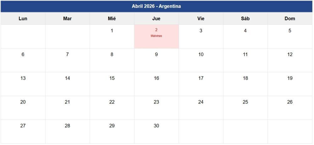 Calendario abril "2026" Argentina Calendario abril "2026" Argentina