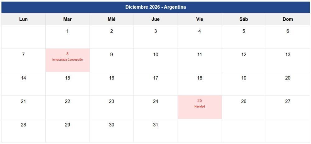 Calendario diciembre "2026" Argentina Calendario diciembre "2026" Argentina