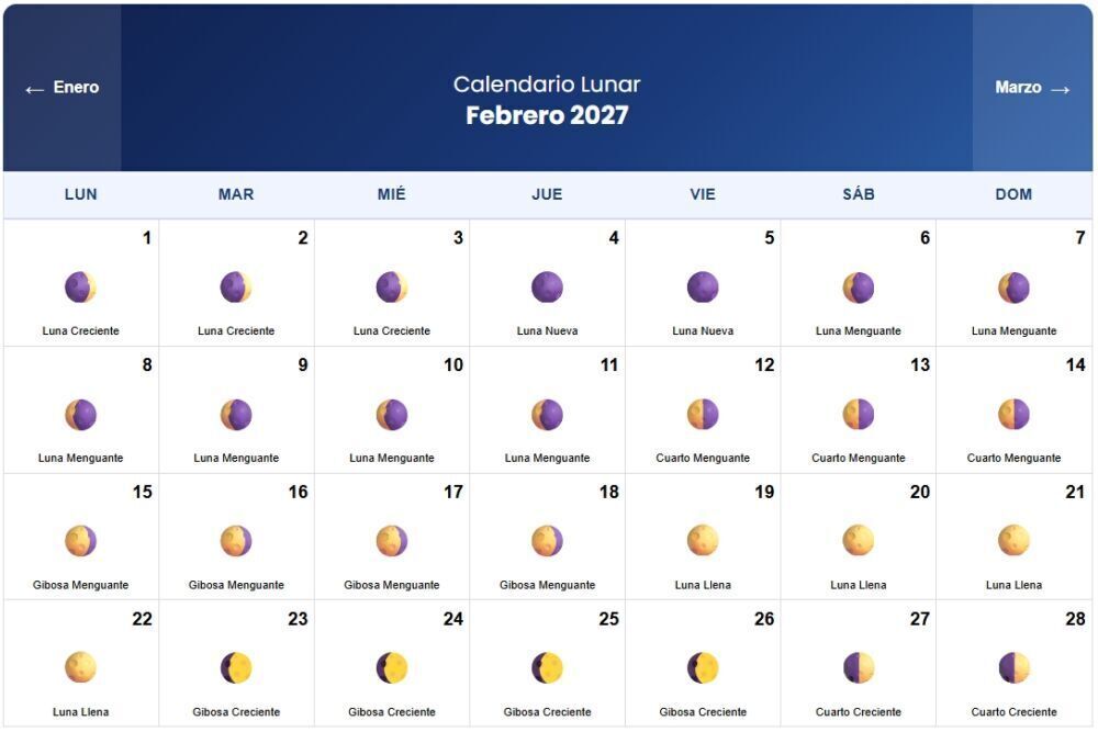Calendario Lunar febrero 2027 Calendario Lunar febrero 2027