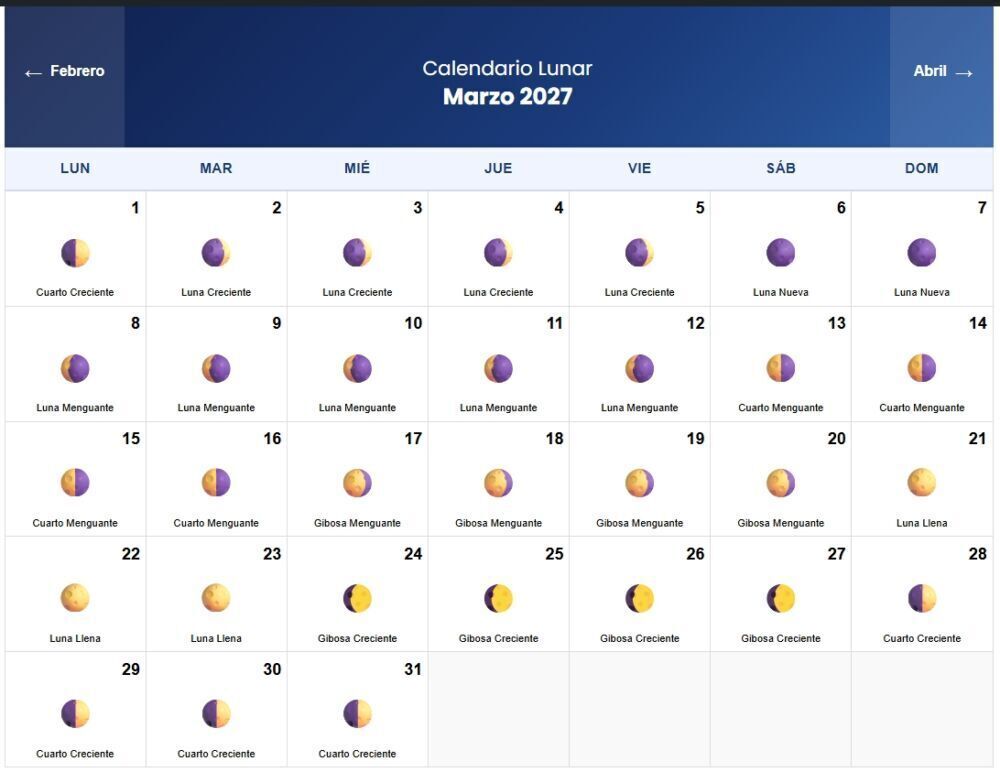 Calendario Lunar marzo 2027 Calendario Lunar marzo 2027